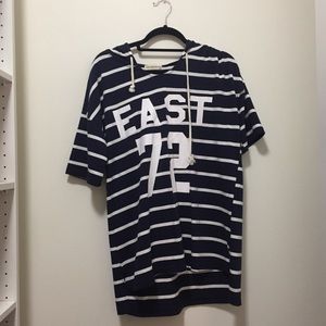 Navy blue and white striped sweatshirt
